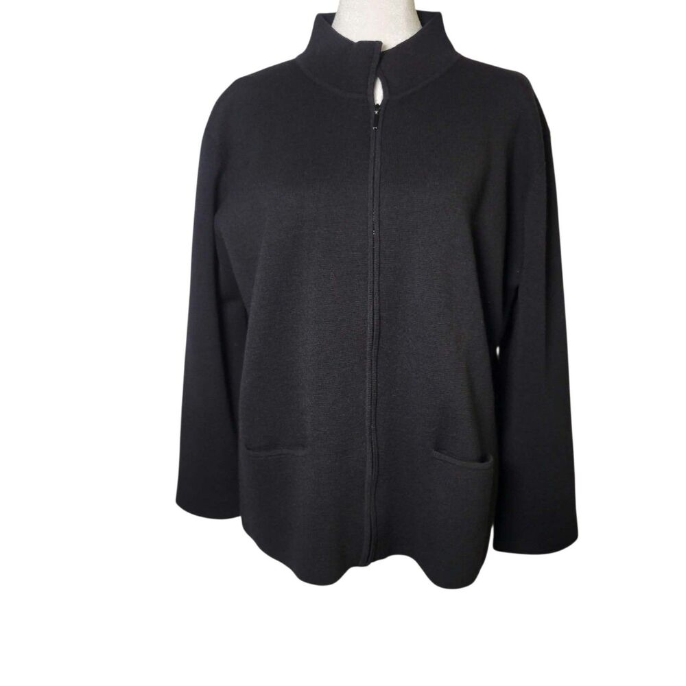 Eileen Fisher Black Italian Yarn Wool Zip Sweater Cardigan L Capsule Minimalist